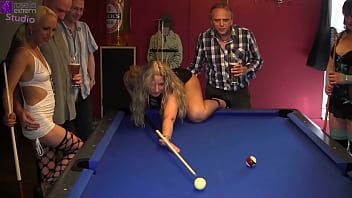 Play Public: Bareback fuck orgy in the billiard cafe! 3 girls are fucked hard by 10 men! Part 1